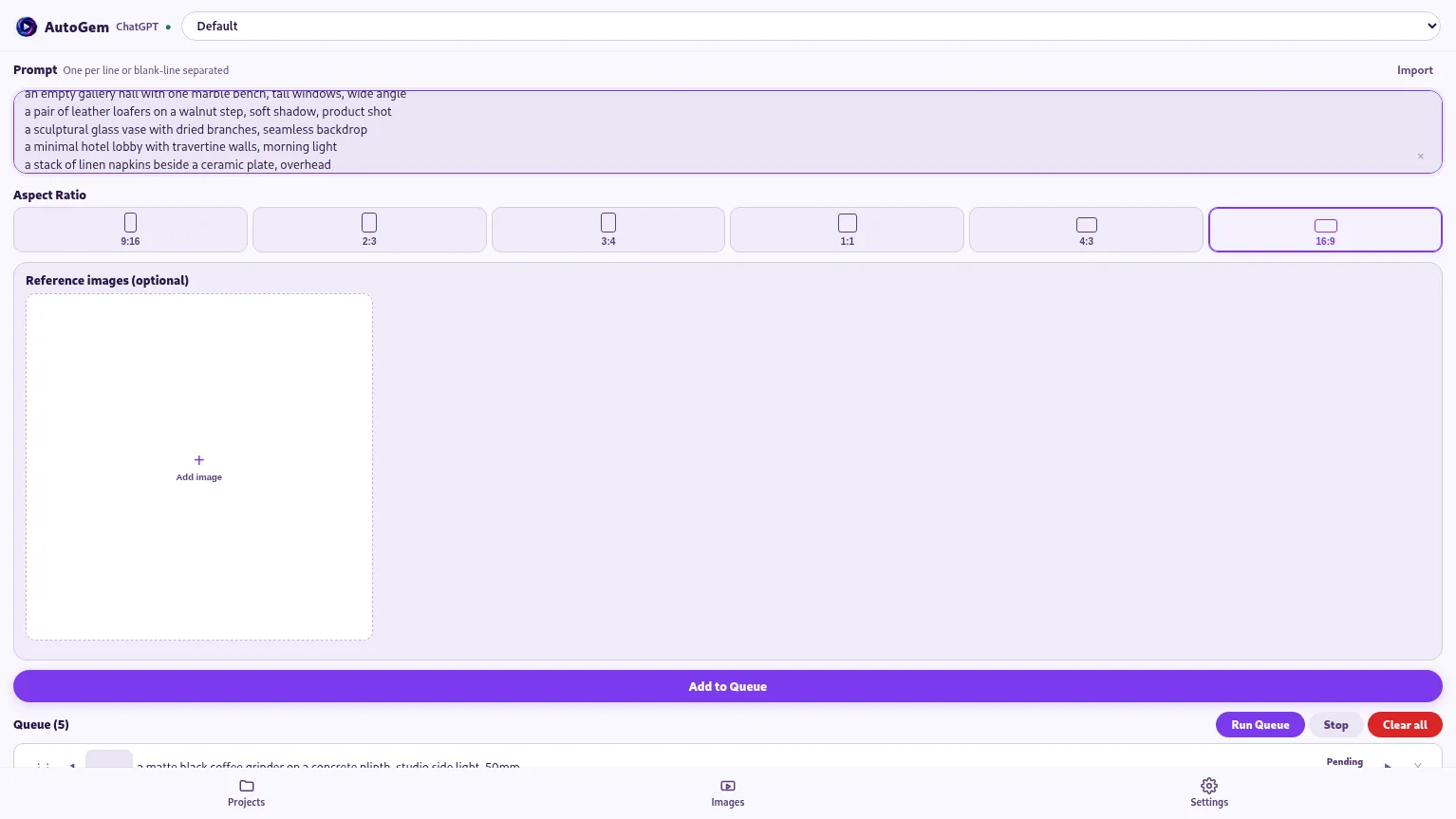 AutoGem prompt box holding a list of ChatGPT image prompts above the queue