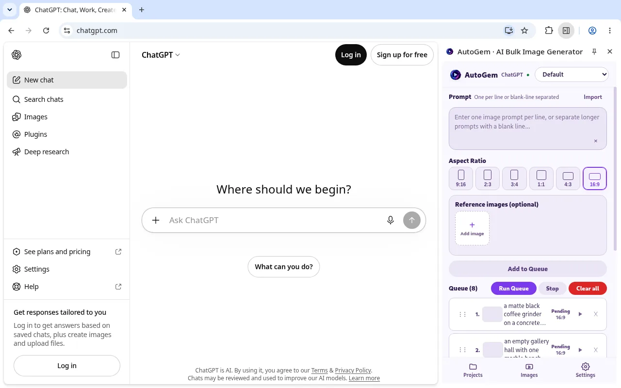 AutoGem side panel docked beside chatgpt.com with an image prompt queue prepared