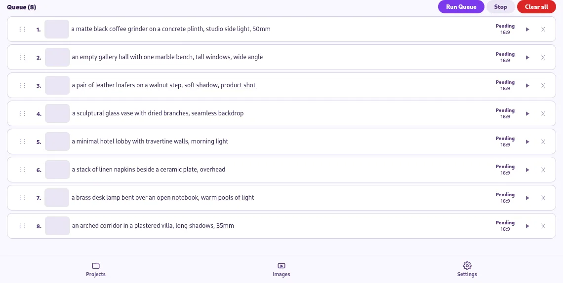 AutoGem queue rows listing each ChatGPT image prompt with its status