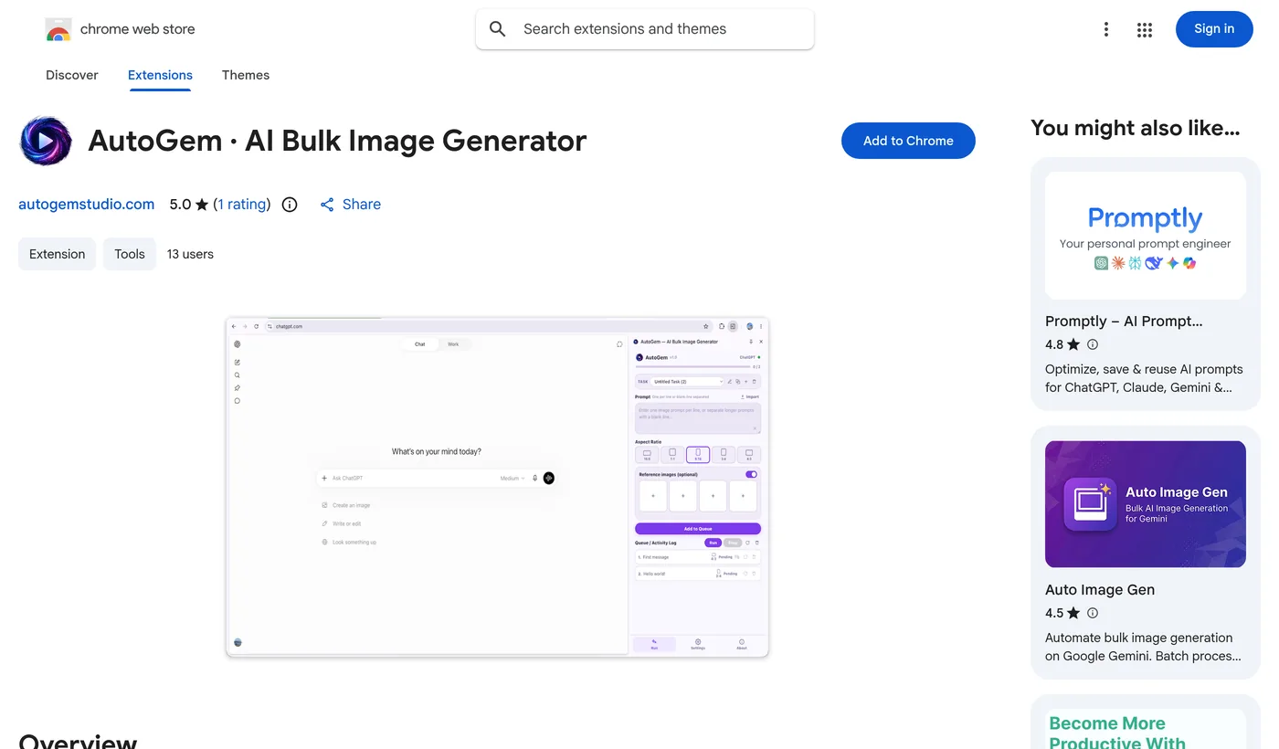 AutoGem listing on the Chrome Web Store with the Add to Chrome button