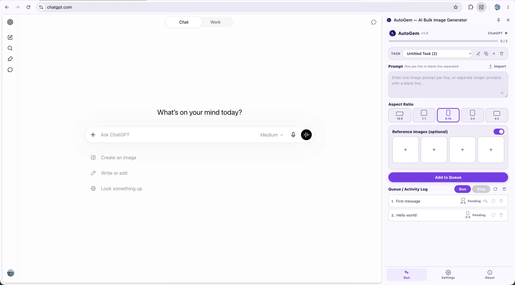 AutoGem Chrome extension running alongside ChatGPT, showing prompt queue and generation controls