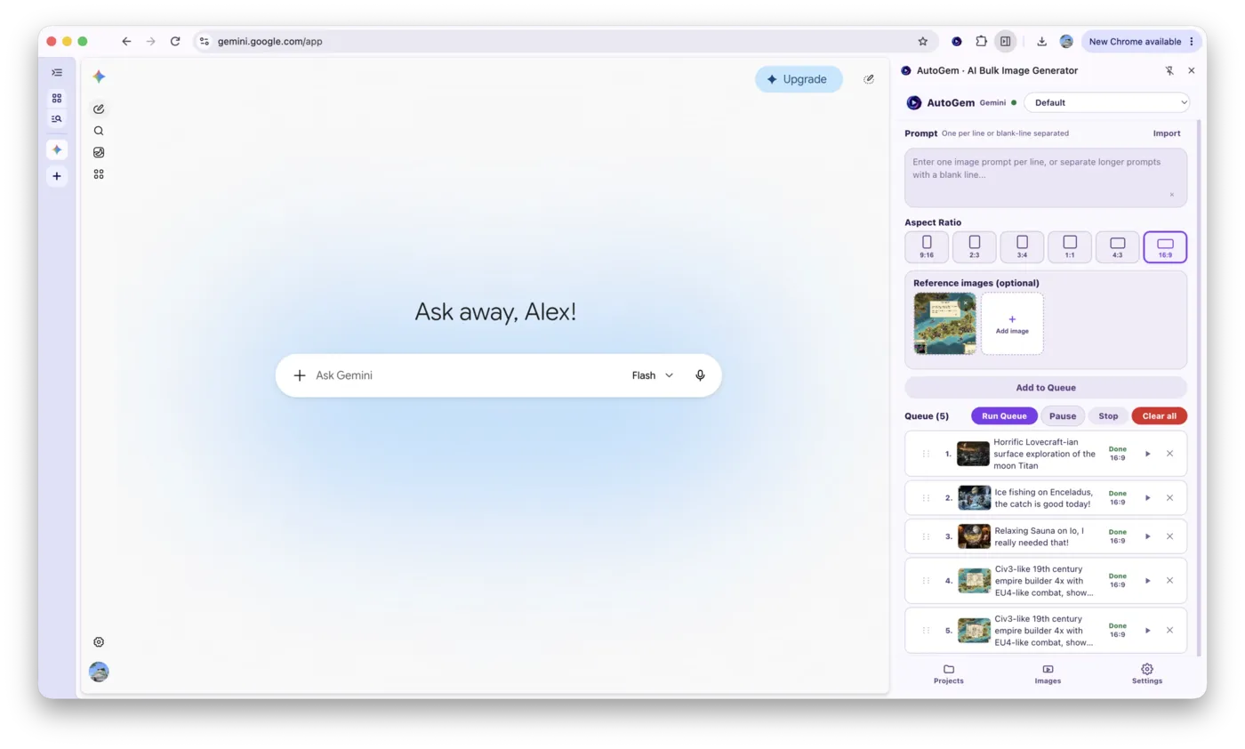 AutoGem side panel with a five-prompt queue ready beside an empty Gemini chat