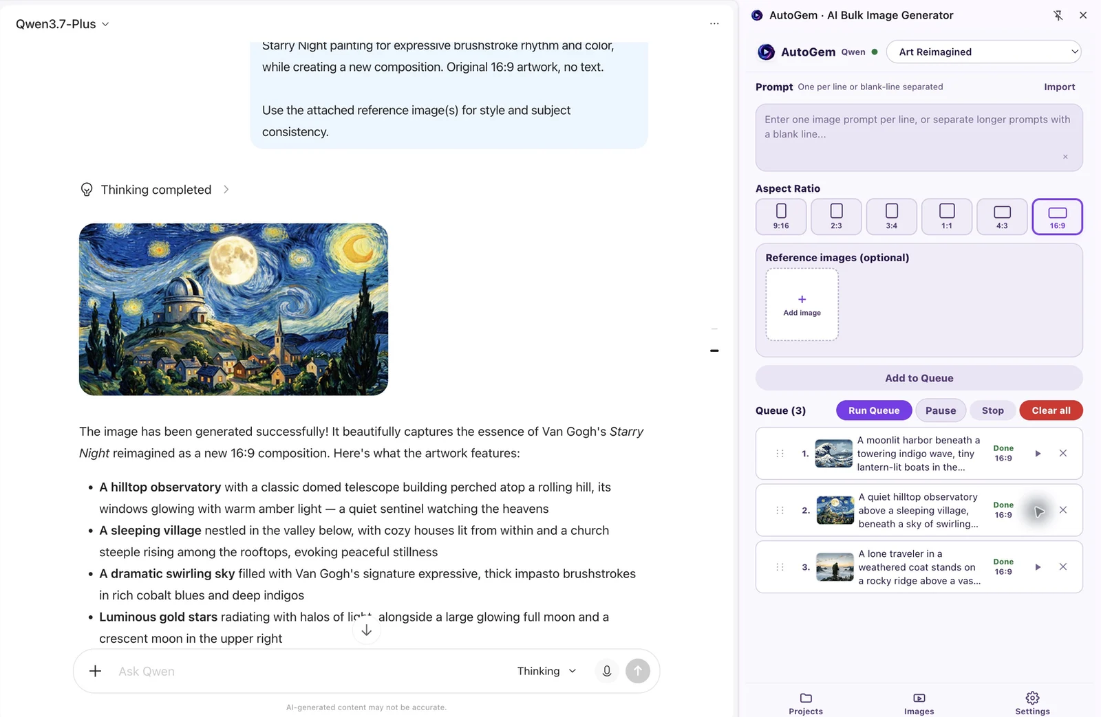Qwen observatory artwork beside AutoGem with all three image prompt rows marked Done