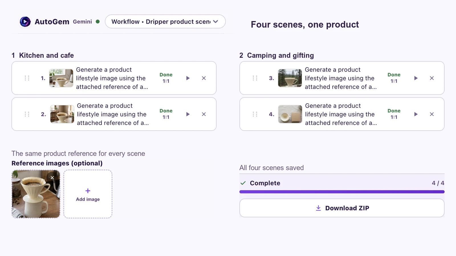 AutoGem queue with the four product scene prompts
