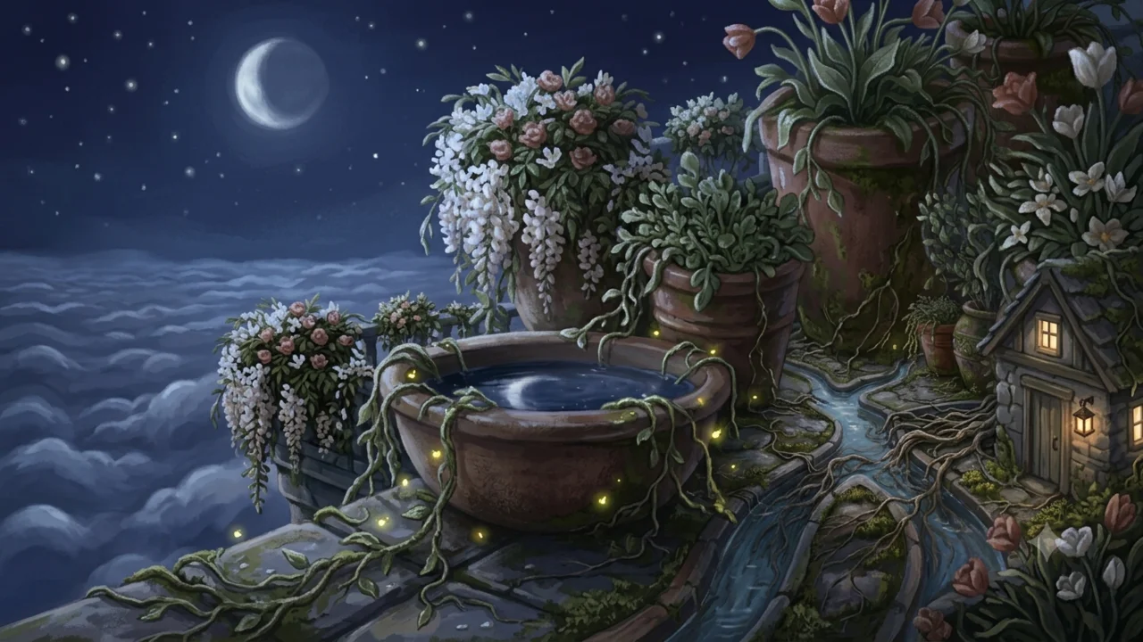 Closing garden scene at night