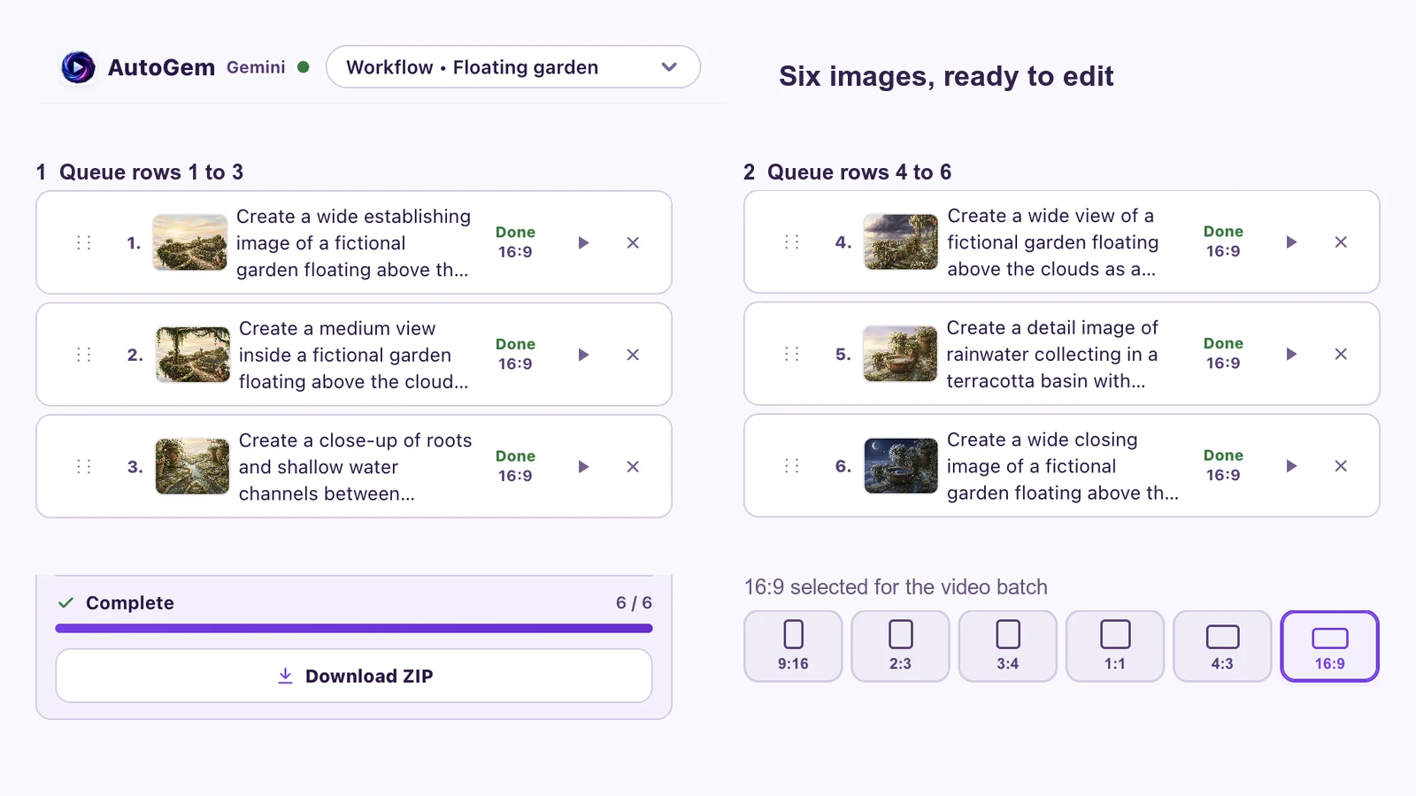 AutoGem’s six script-beat prompts, shown in two queue crops with 16:9 selected