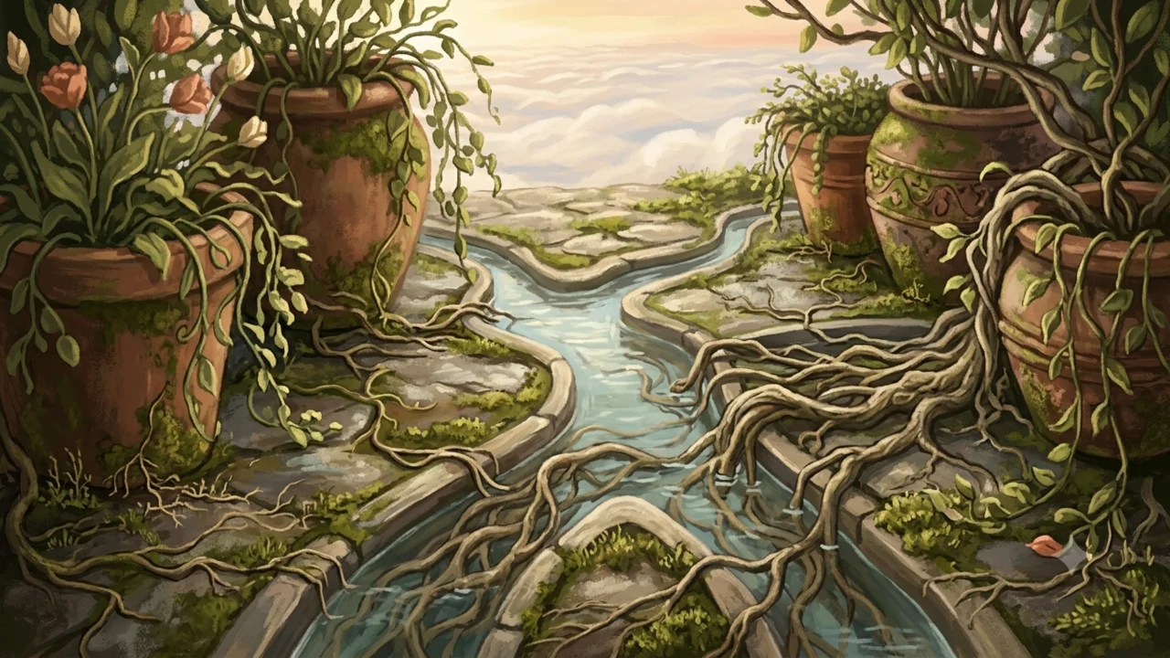 Close-up of roots and water channels