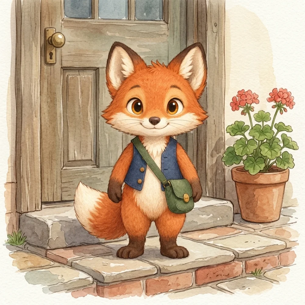 Tobi at the cottage doorstep