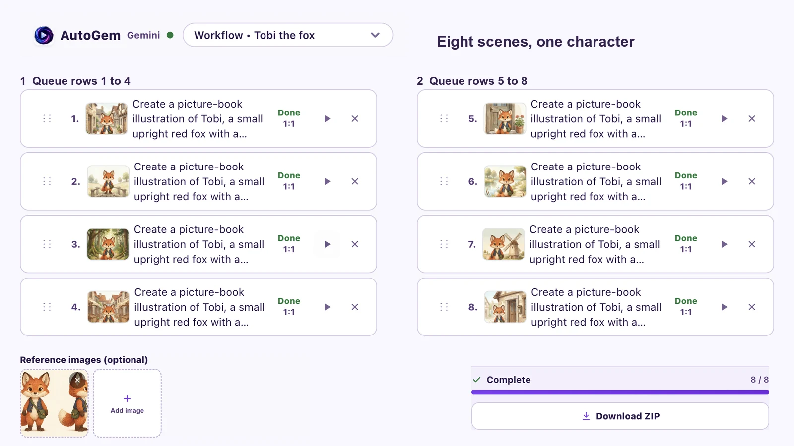 AutoGem’s eight Tobi scene prompts, shown in two queue crops with the shared reference